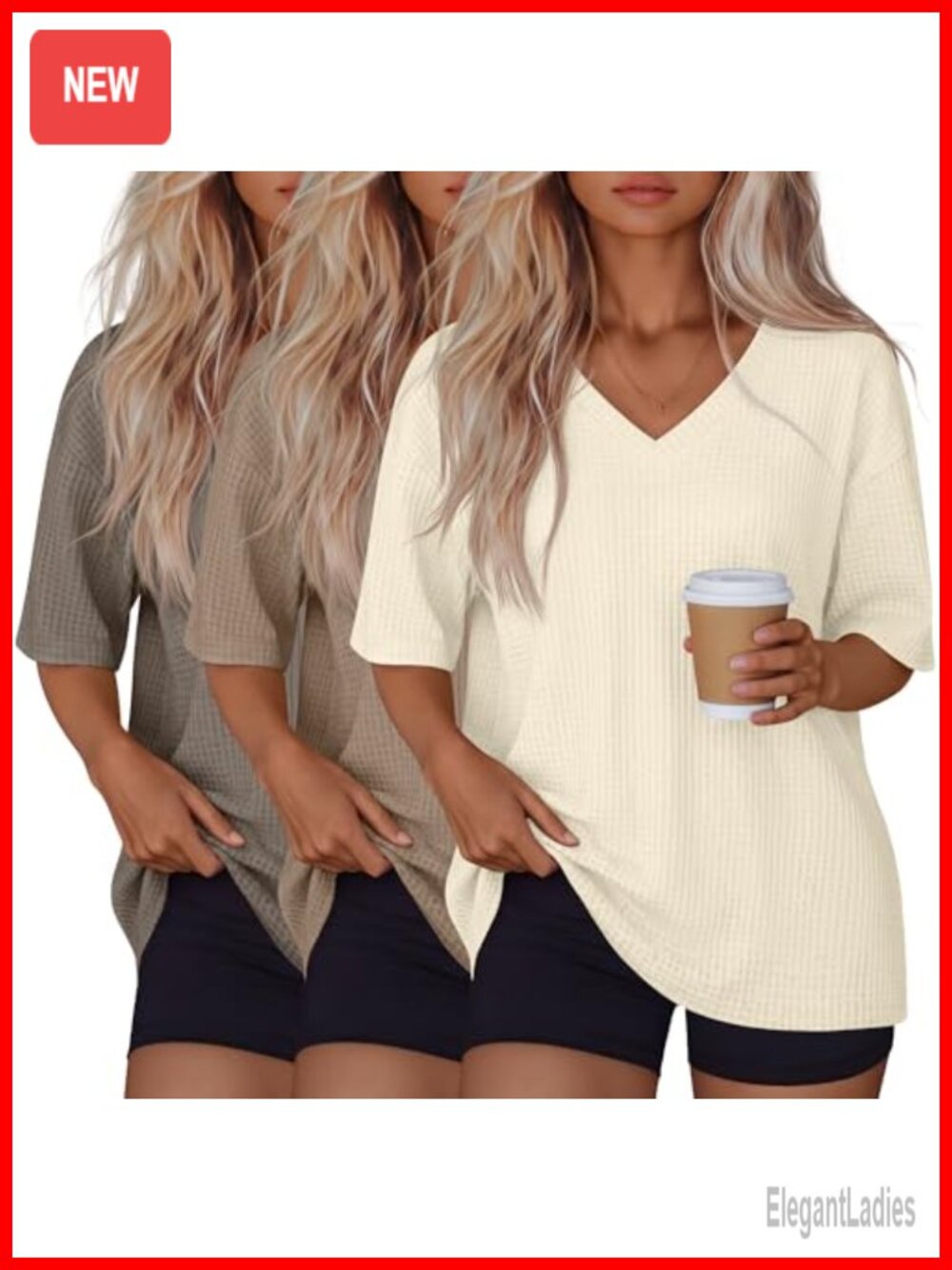 3 Pack Waffle Knit Oversized T Shirts V Neck Half Sleeve Womens Casual Tops